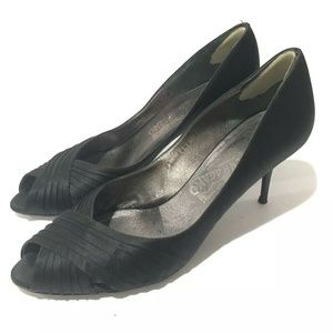 SALVATORE FERRAGAMO Black Satin Peep Toe Heel Pump